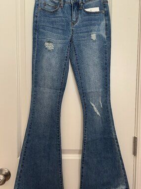 True Luck Medium Wash Flare Jeans Factory Distressed Sz 0